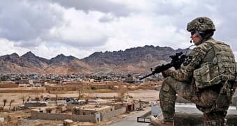 Soldier stands guard in Farah City, Afghanistan